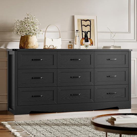 9-Drawer Dresser for Bedroom, Modern Wooden Chest of Drawers with Metal Handles, Anti-Tipping Design, Sturdy and Stable Storage Organizer for Living Room, Entryway, Home Office