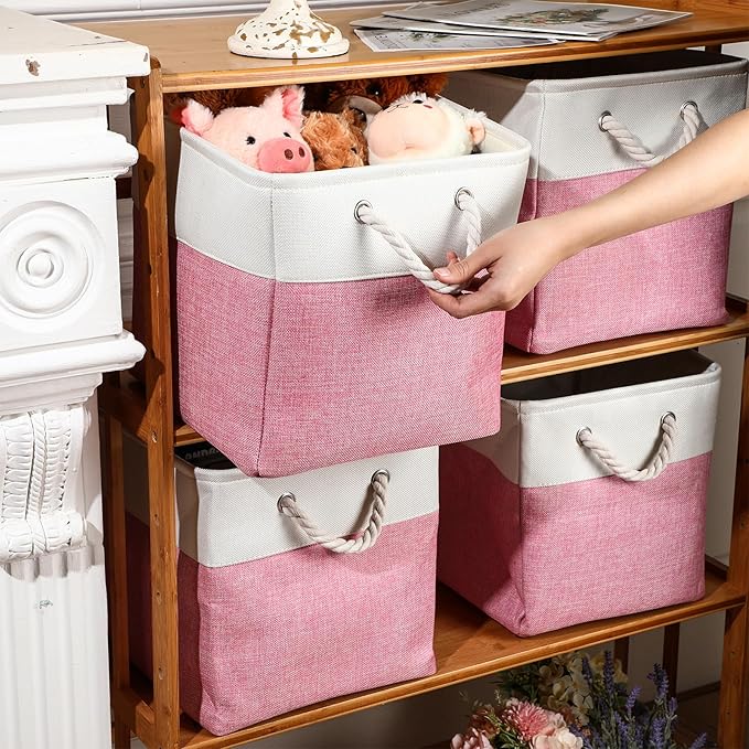meekoo 8 Pack Collapsible Storage Bins Fabric Storage Bins Polyester Fabric Baskets with Handles Linen Closet Organizer for Shelf Home Closet Towels Toys(12 x 12 x 12 in,Pink White)
