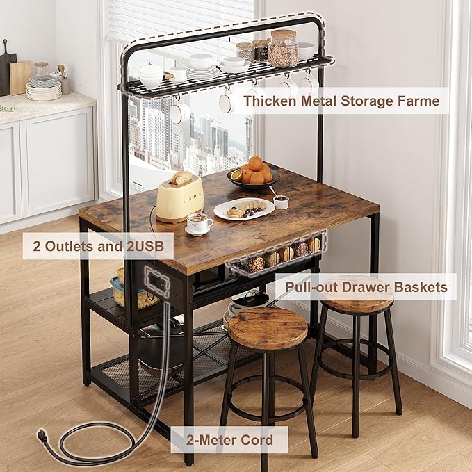 46" Large Kitchen Island Table Baker Rack with Power Outlet and 3-Tier Storage-Microwave Stand Oven Shelf, Metal Coffee Bar Table,Kitchen Storage Shelf for Dining Living Room, 5 Hooks,Vintage