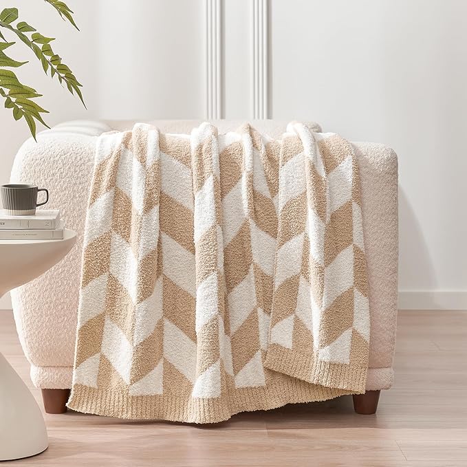 Snuggle Sac Beige Twin Size Blankets for Bed, Super Soft Warm Blankets Oversized Cozy Knit Fuzzy Blanket for Living Room, Chevron Beige,60x80 inches