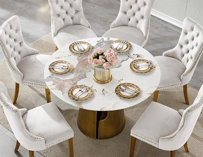 7-Piece Faux Marble Round Dining Table Set for 6, Modern Luxury Kitchen Table Set for 6 with Beige Tufted Chairs,Circle Dining Tables with Pandora Grain Top and Bronze Pedestal Base