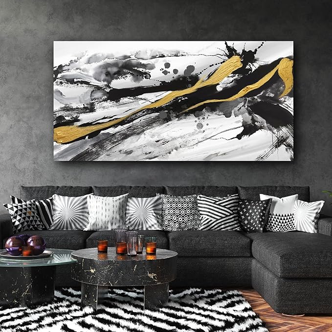 XLSJERST Black and White Abstract Wall Art - Canvas Wall Art for Living Room Bedroom Modern Gold Ink Painting Style Picture Artwork for Wall Decor Size 29x58 Inches