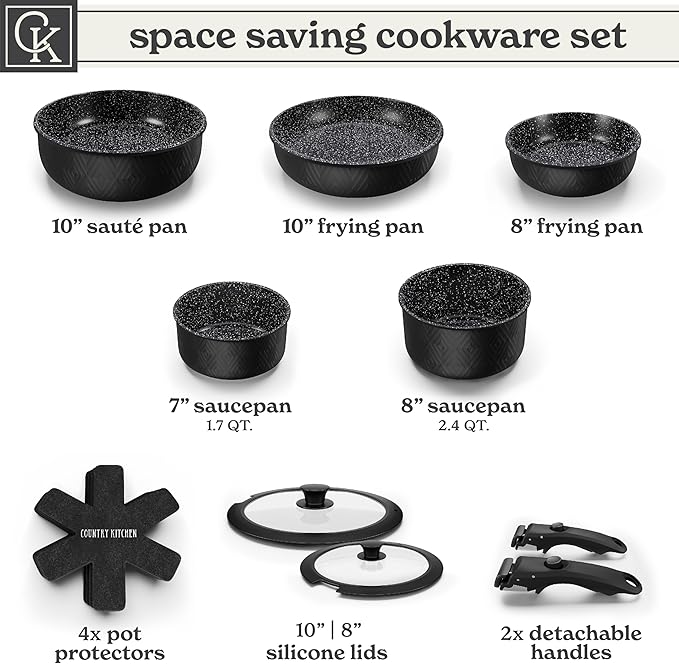 Country Kitchen Cookware Set with Removable Handle, Oven & RV Safe Pots and Pans Set, Black Rhombus, Original