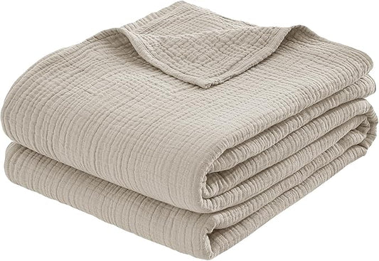 100% Cotton Muslin Twin XL Blanket (66" x 90") – A Luxuriously Soft, 4-Layer Lightweight and Breathable Gauze Blanket, Perfect for Year-Round use on beds, couches (Khaki, Twin XL)