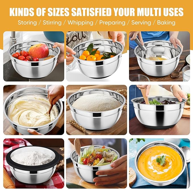 P&P CHEF Black Mixing Bowls Set of 6, Stainless Steel Mixing Bowl with Visible Lids for Salad, Metal Nesting Serving Bowls for Kitchen Cooking Prepping Storing Food, 4.6/3.5/2.6/2/1.5/1 QT
