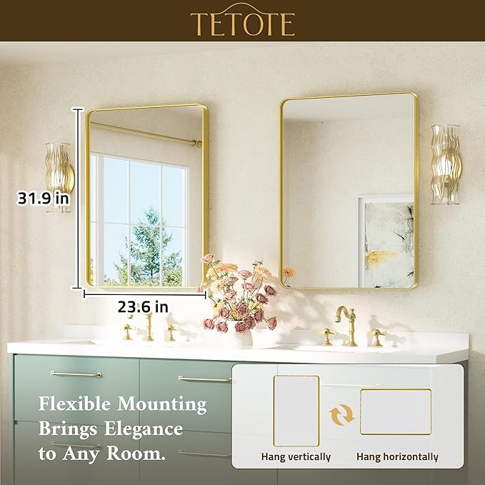 TETOTE Brushed Gold Bathroom Mirror 24 x 32 Gold Metal Framed Bathroom Mirror, Tempered Glass, Modern Farmhouse Wall Mounted Mirror for Decorative(Horizontal/Vertical)