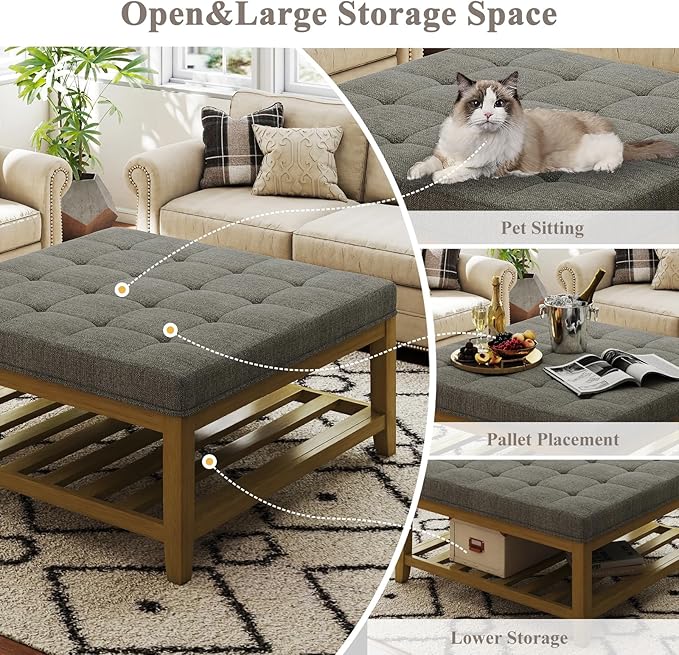 Large Square Ottoman Coffee Table, Linen Solid Upholstered Footrest Ottoman with Solid Wood Shelf Storage Tufted Coffee Table for Bedroom Living Room, Granite