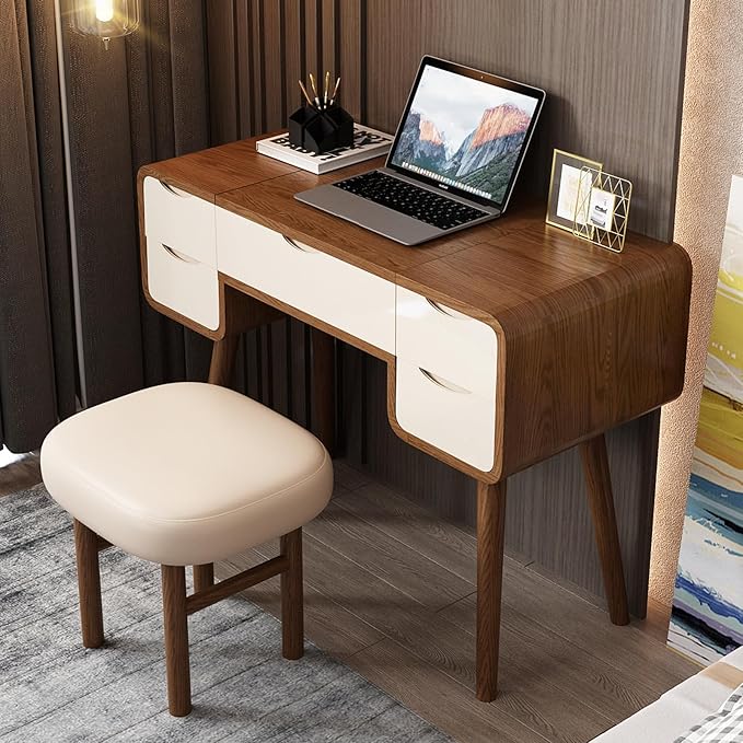 Lartis Flip Top Vanity Table Stylish Makeup Vanity with Stool, Makeup Vanity Desk, Reversible Makeup Mirror, Hidden Storage Compartment,Very Easy to Assemble,Can be Used as a Desk