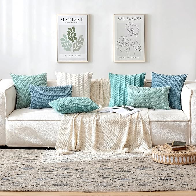 MIULEE Throw Pillow Covers Soft Corduroy Decorative Set of 2 Boho Striped Pillow Covers Pillowcases Farmhouse Home Decor for Couch Bed Sofa Living Room 18x18 Inch Aqua Green