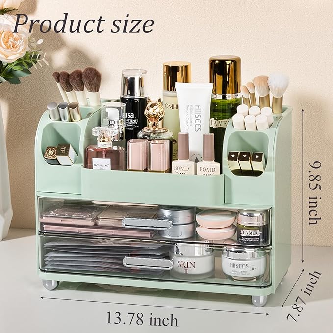 Anyoifax Makeup Organizer Countertop with Large Drawers, Vanity Organizer with Brush Holder, Skin Care Storage for Dresser, Perfume Organizer for Lotion, Lipsitck, Palette, Green