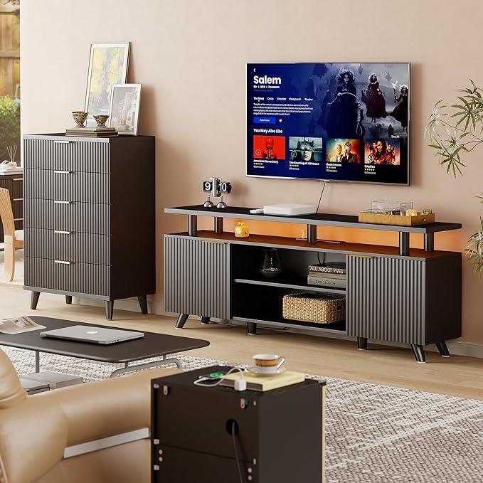 Lulive Modern TV Stand for 55/60/65/70 inch Television, Entertainment Center with Wooden Storage Cabinets and Power Outlet, Black Media Console for Living Room Bedroom (Black)