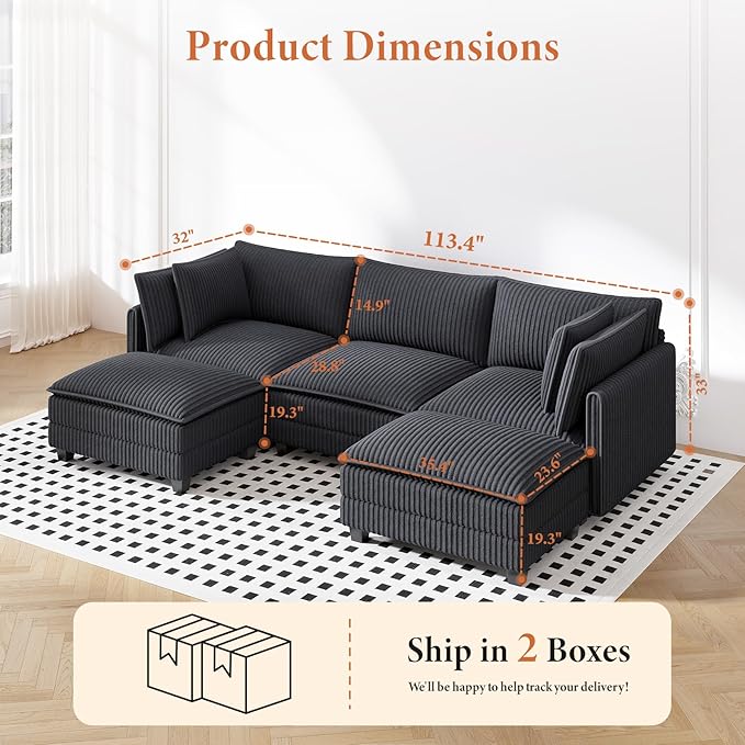 Vesgantti 109" U Shaped Cloud Sectional Sofa, Comfy Corduroy Upholstered Sectional Modular Sofas for Living Room, Modern Modular Couch with 2 Ottoman Deep Seat, Dark Grey