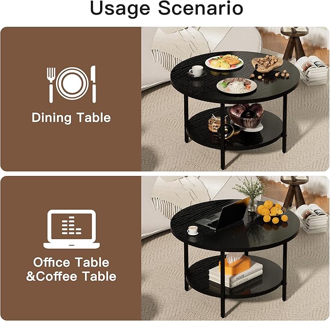 Coffee Table, 2 Tier Coffee Tables for Living Room, Round Coffee Table with Storage, Floor Table for Bedroom, Home Office, Black (27.6" D x 17.7" H)