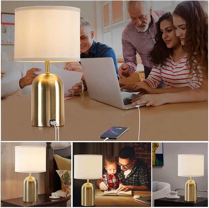 GyroVu Bedside Lamp with USB Port, Touch Control Table Lamp for Bedroom 3 Way Dimmable Modern Nightstand Lamp with Fabric Shade Gold Base for Living Room, Dorm, Home Office, LED Bulb Included
