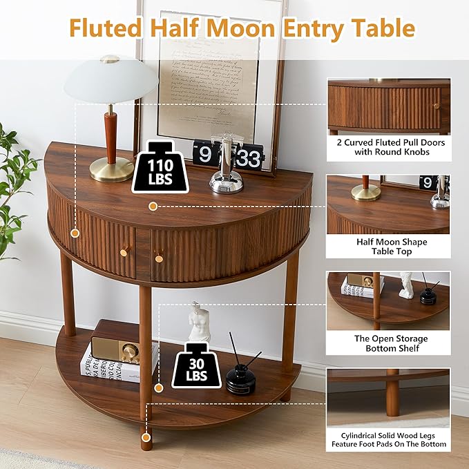 Fluted Half Moon Console Table, Modern Small Entry Sofa Table with Storage, Solid Wood Legs Narrow Entryway Table for Living Room, Hallway, Foyer(Walnut)
