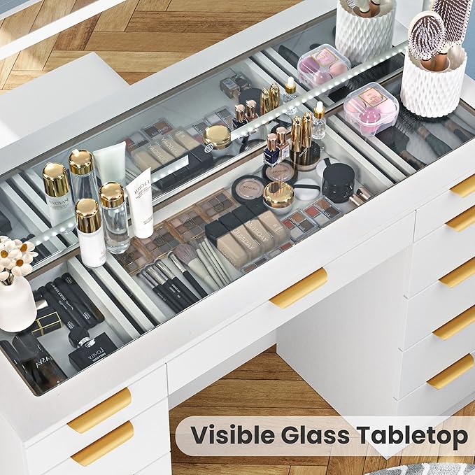 Pamapic Glass Top Vanity Desk with Mirror and Lights, 11 Drawers Makeup Vanity with Charging Station and Chair, Golden Handles Dressing Table, 3 Lighting Modes Makeup Table, White