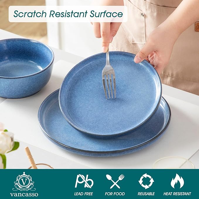 vancasso ANYA 18 Pieces Plates and Bowls Set, Blue Dinnerware Sets, Reactive Glaze Dishes Set for 6, Ceramic Dishware Sets Kitchen Dinner Set, Microwave & Dishwasher Safe