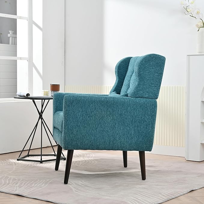 Accent Chair, Comfy Upholstered Living Room Chairs with High Tufted Backrest and Pillow, Wingback Reading Chair with Solid Wood Legs for Bedroom/Office, Chenille Fabric, Teal