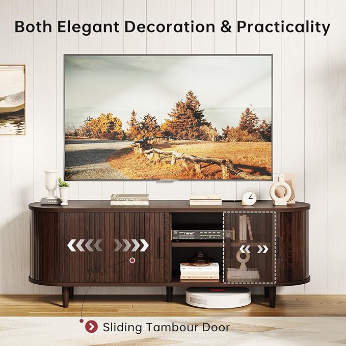 oneinmil 58" Fluted TV Stand with Sliding Doors, Mid Century Modern TV Stands, Entertainment Center with Storage and Adjustable Shelves, Wood Media TV Consoles for Living Room, Walnut