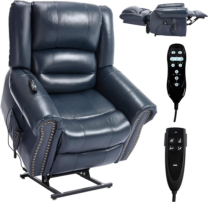 Dual Motor Power Lift Chair, Lay Flat Recliner Chair, Electric Recliner with Massage and Heat for Elderly, Remote Control, Infinite Position, Standing Assistance, USB Ports (Blue, Genuine Leather)