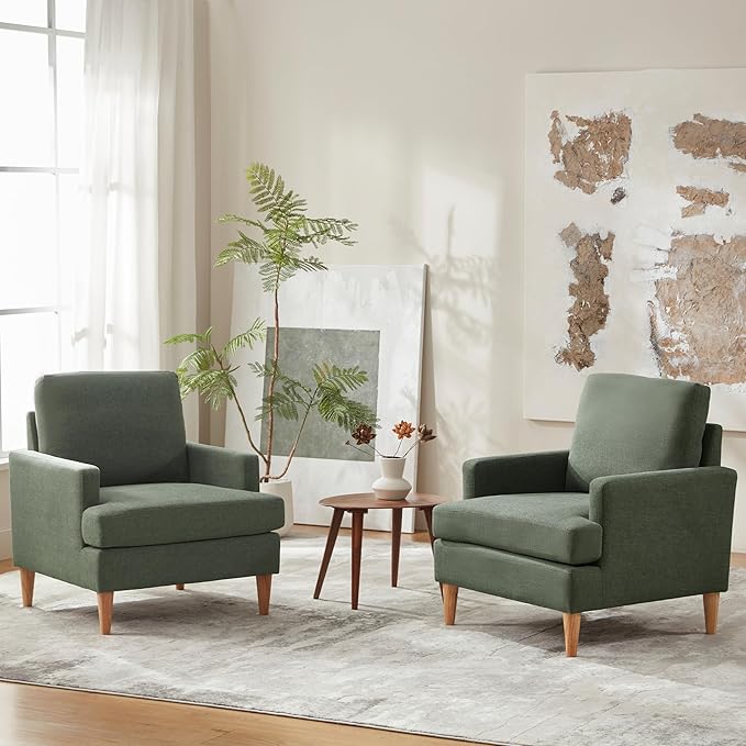 VKNOW Mid-Century Accent Chairs Set of 2, Modern Upholstered Chenille Armchair for Living Room,Comfy Reading Accent Chairs with Wood Legs for Bedroom, Green Polyester