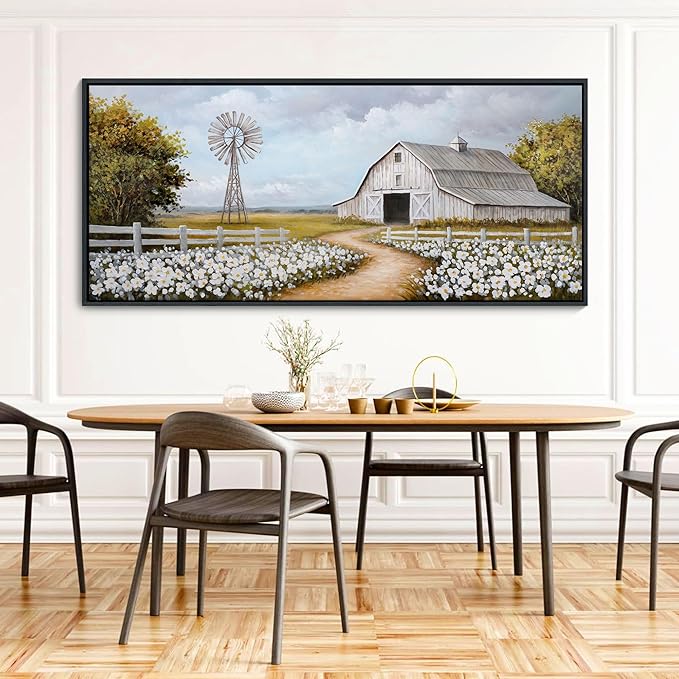 YCPRIMER Vintage Classical Farmhouse Painting Rustic Countryside Wildflower Field Nature Meadow Landscape Retro Windmill Barn Canvas Print Wilderness Artwork for Bedroom Living Room 70x31inch