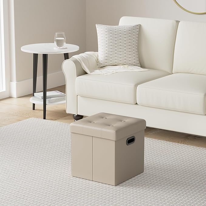 SONGMICS Mazie Collection - 15 Inches Ottoman with Storage, Footstool, Storage Ottoman with Metal Handles, Load 660 lb, for Dorm, Living Room, Bedroom, Synthetic Leather, Camel Brown ULSF030K03