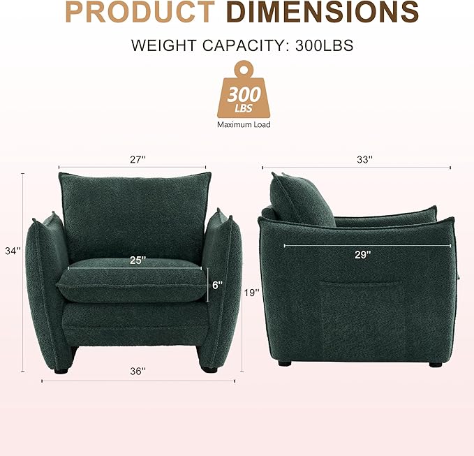 Oversized Accent Chair, Modern Single Sofa Cloud Chairs with Removable Pillow, Deep Seat Comfy Armchair for Living Room Bedroom Reading Nook - Upholstered Lounge Chair (Green)