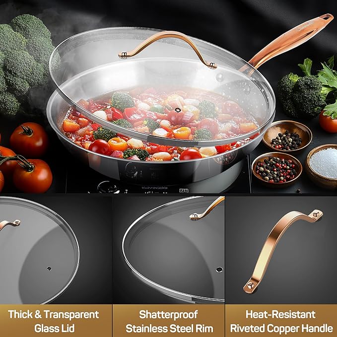 12 Inch Tri-Ply Stainless Steel Frying Pan with Lid, Professional Quality Skillet Suitable for All Stove, Oven and Dishwasher Safe, PFOA PTFE PFOS Free, Fast and Even Heating