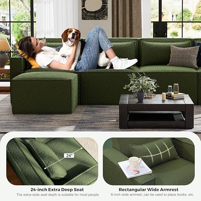 ELUCHANG Oversized Loveseat Sofa,Modern Boucle Sectional Sleeper Sofa with Strong Wood Frame,High Supportive & Soft Sponges Comfy Upholstered Couch Deep Seat Couch for Living Room Apartment Green