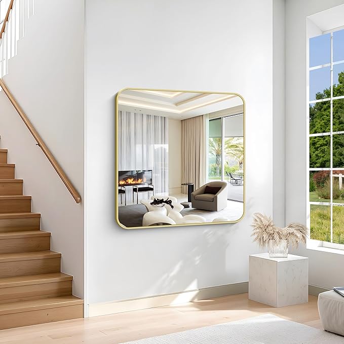Gold Bathroom Mirror, 42x42 Inch Metal Framed Square Mirror, Rounded Corner Gold Vanity Mirror, Large Wall Mounted Mirrors for Living Room Bedroom Entryway Hangs Horizontal or Vertical