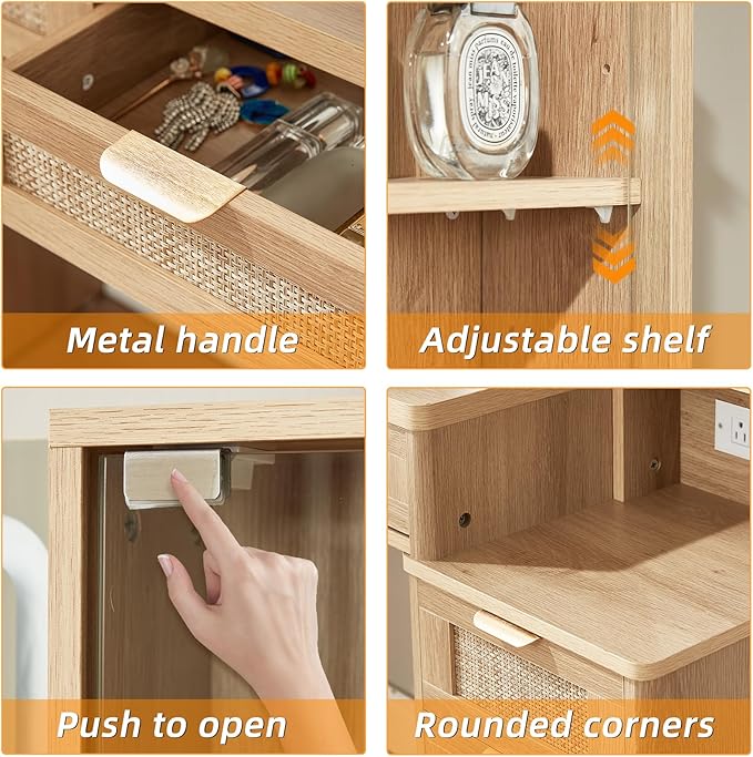 LEYAOYAO Rattan Vanity Desk with Mirror and Lights, 43.5'' Boho Makeup Vanity with 6 Drawers and Adjustable Shelves, Natural Wood Make Up Vanity Dressing Table with Glass Top, Power Outlet for Bedroom