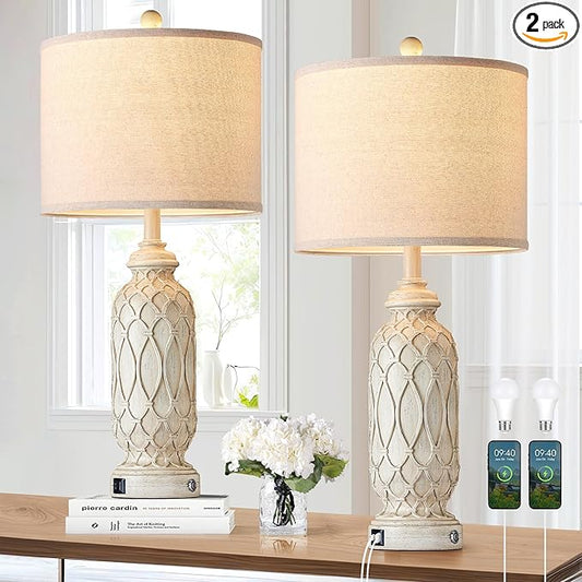 28" Table Lamps for Living Room Set of 2, Farmhouse Lamps for Bedroom with USB Ports, 3-Way Dimmable Nightstand Table Lamp (Bulbs Included)
