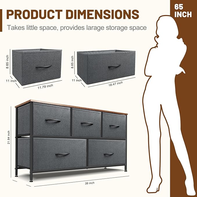 Dresser for Bedroom with 5 Drawers, Chest of Drawers, Storage Drawers Organizer Unit, Grey Wide Fabric Dresser with Fabric Bins for Closet, Living Room, Bedroom (Grey and Rustic Brown)