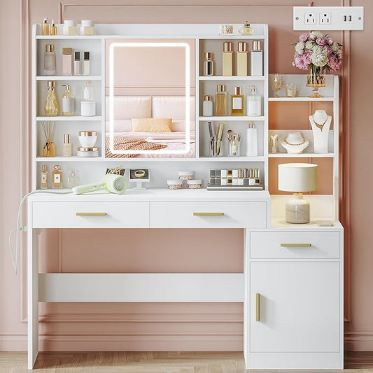 39.3'' Vanity Desk with HD Mirror and Lights, Makeup Vanity with Power Strip, DressingTable with Bedside Table, 3 Drawers and 9 Storage Shelves, Storage Behind The Mirror, White