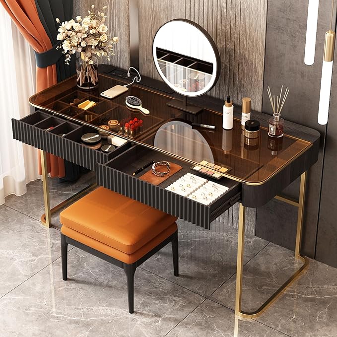 Lartis Makeup Vanity,Dresser Stool Set,Dresser,Computer Desk,partitioned Storage,Smart Socket,LED Makeup Mirror