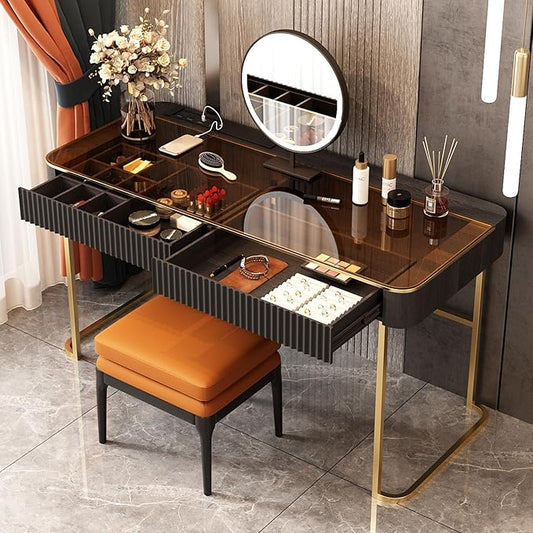Lartis Makeup Vanity,Dresser Stool Set,Dresser,Computer Desk,partitioned Storage,Smart Socket,LED Makeup Mirror