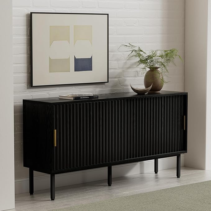 Fluted Tv Stand with Sliding Doors, 47" Mid Century Entertainment Center with Adjustable Shelf, Wooden Media TV Console with Storage Cabinet for Living Room, Black