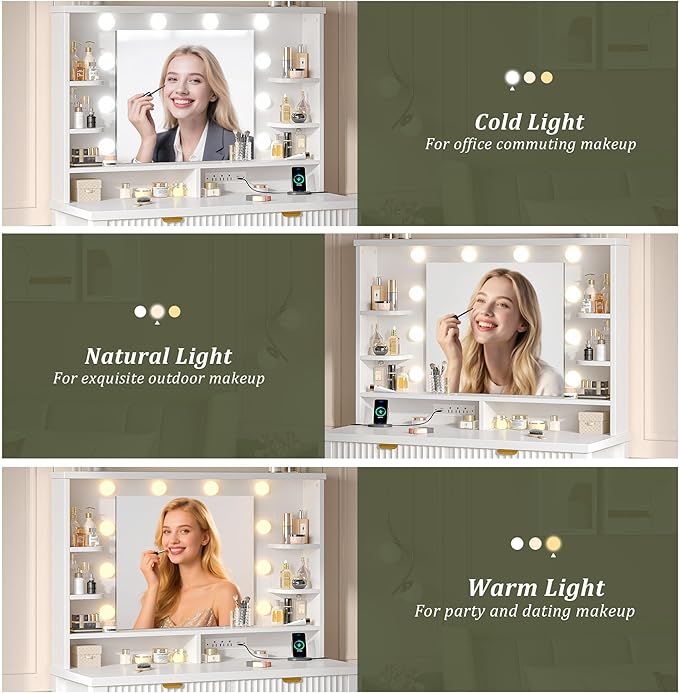 Vanity Desk with HD Mirror and 3-Color Adjustable Lights, Fluted Makeup Vanity with Storage Stool, 2 Large Drawers & Charging Station, Small Vanity for Women's Bedroom, Dressing Room, White