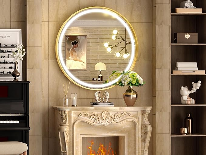 Hasipu 32 Round LED Mirror for Bathroom with Lights, Gold Circle Vanity Mirror for Wall, Metal Framed Frontlit Bathroom Mirrors Anti-Fog, Dimmable, 3 Colors Makeup Mirror Wall Mounted