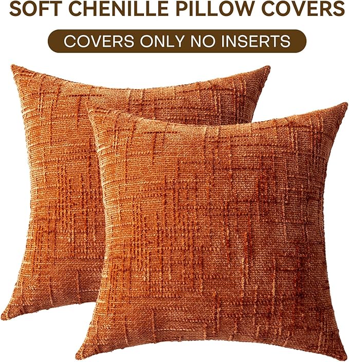 Decorative Throw Pillow Covers 16x16 Inch Set of 2, Soft Solid Farmhouse Chenille Couch Pillows, Spring Pillow Covers for Couch Sofa Bed Living Room Home Decor Pillowcase, Rust
