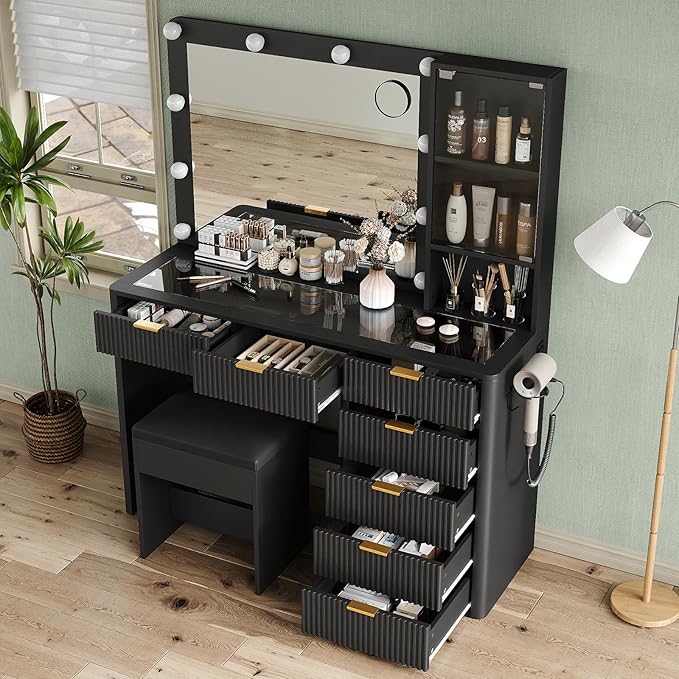 7 Drawers Fluted Vanity Desk with Charging Station, 47'' W Makeup Vanity with LED Lights and HD Mirror, 3 Lighting Modes Adjustable, Glass Top, Vanity Set for Bedroom, Black