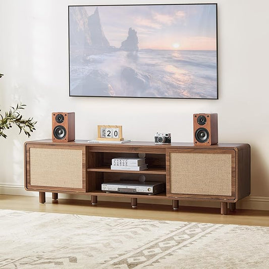 AVZEAR 70'' Mid Century Modern TV Stand for TVs up to 80 Inch, Large Entertainment Center with Storage & Nature Linen Door, Curved Edge TV Console Table Media Console for Living Room Bedroom (Walnut)