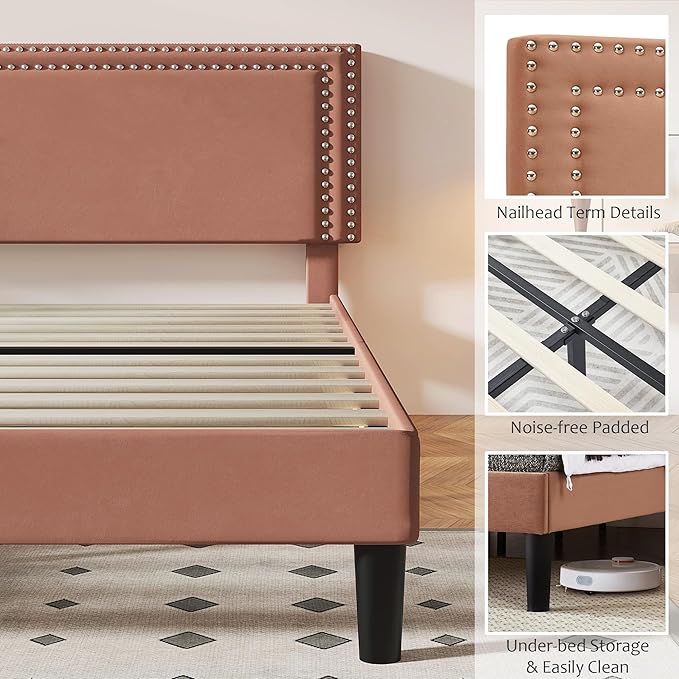 VECELO Full Size Bed Frame with Adjustable Upholstered Headboard, Wooden Slats Platform, Noise-Free Design, Easy Assembly