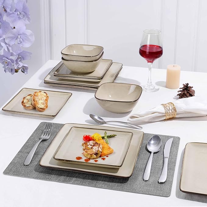 Herogo Stoneware Plates and Bowls Sets for 4, 12 Pieces Modern Square Dinnerware, Reactive Glaze Dishes Set for Kitchen, Chip Resistant, Microwave & Dishwasher Safe, Cream Khaki