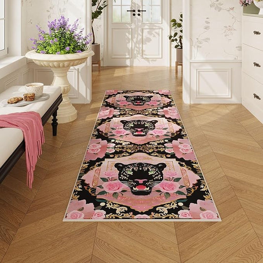 Runner Rug for Kitchen Rug Non Slip 2'x6' Washable Rugs with Rubber Backing Soft Retro Lavish Leopard Animal Carpet Runner for Kitchen, Laundry, Bedroom, Bathroom (Black Pink)