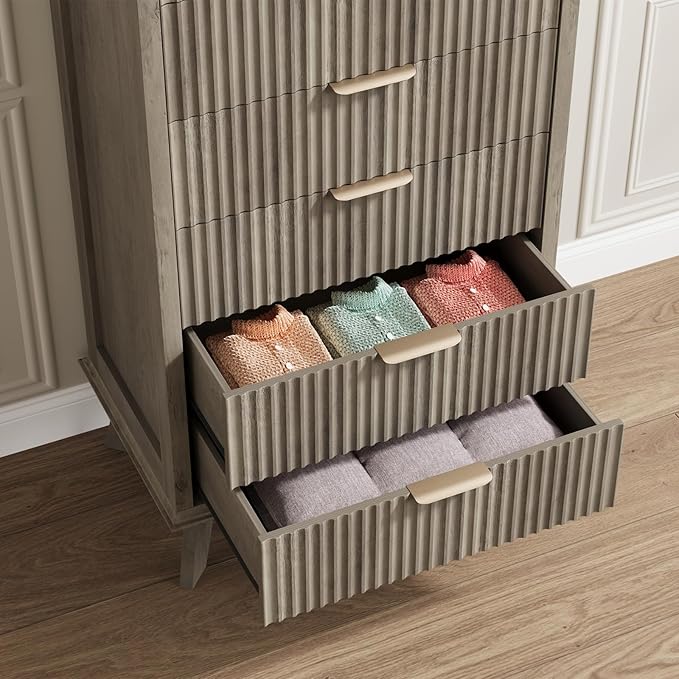 QUW Fluted 6 Drawer Dresser for Bedroom, Modern Tall Chest of Drawers with Metal Handle, Large Wood Storage Chest Organizer Accent Storage Cabinet for Living Room, Hallway, Entryway, Grey