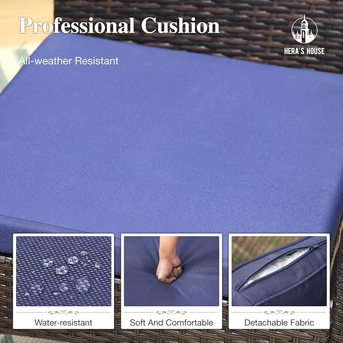 HERA'S HOUSE Patio Table and Chairs Set 7-Piece, Outdoor Dining Furniture Set with Cushions, All-Weather Wood Grain Table with 1.6"-2" Umbrella Hole & Wicker Chairs for Backyard, Garden, Deck