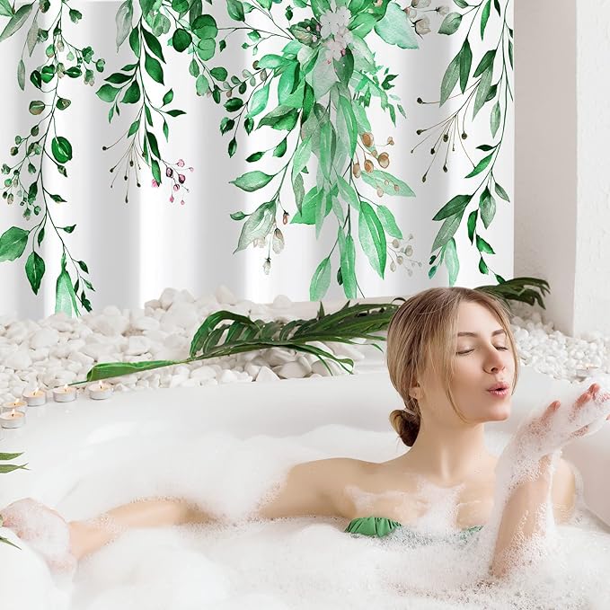 Gibelle Emerald Green Eucalyptus Shower Curtain, Watercolor Plant Leaves with Floral Bathroom Shower Curtain Set with Hooks, 72x72