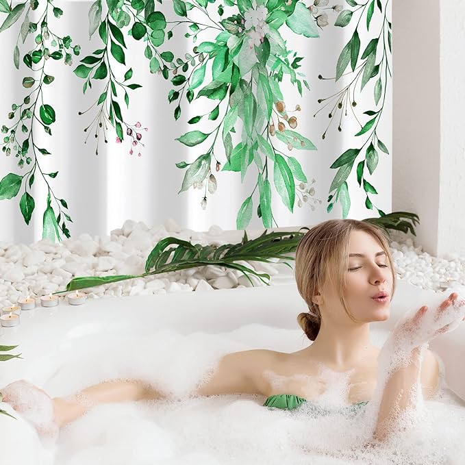 Gibelle Extra Long Shower Curtain 72 x 84, Emerald Green Floral Shower Curtain for Bathroom, Watercolor Plant Eucalyptus Leaves Fabric Shower Curtain Set with Hooks